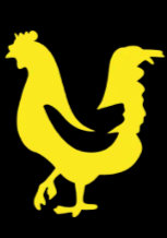 The Cluck rooster in yellow on black